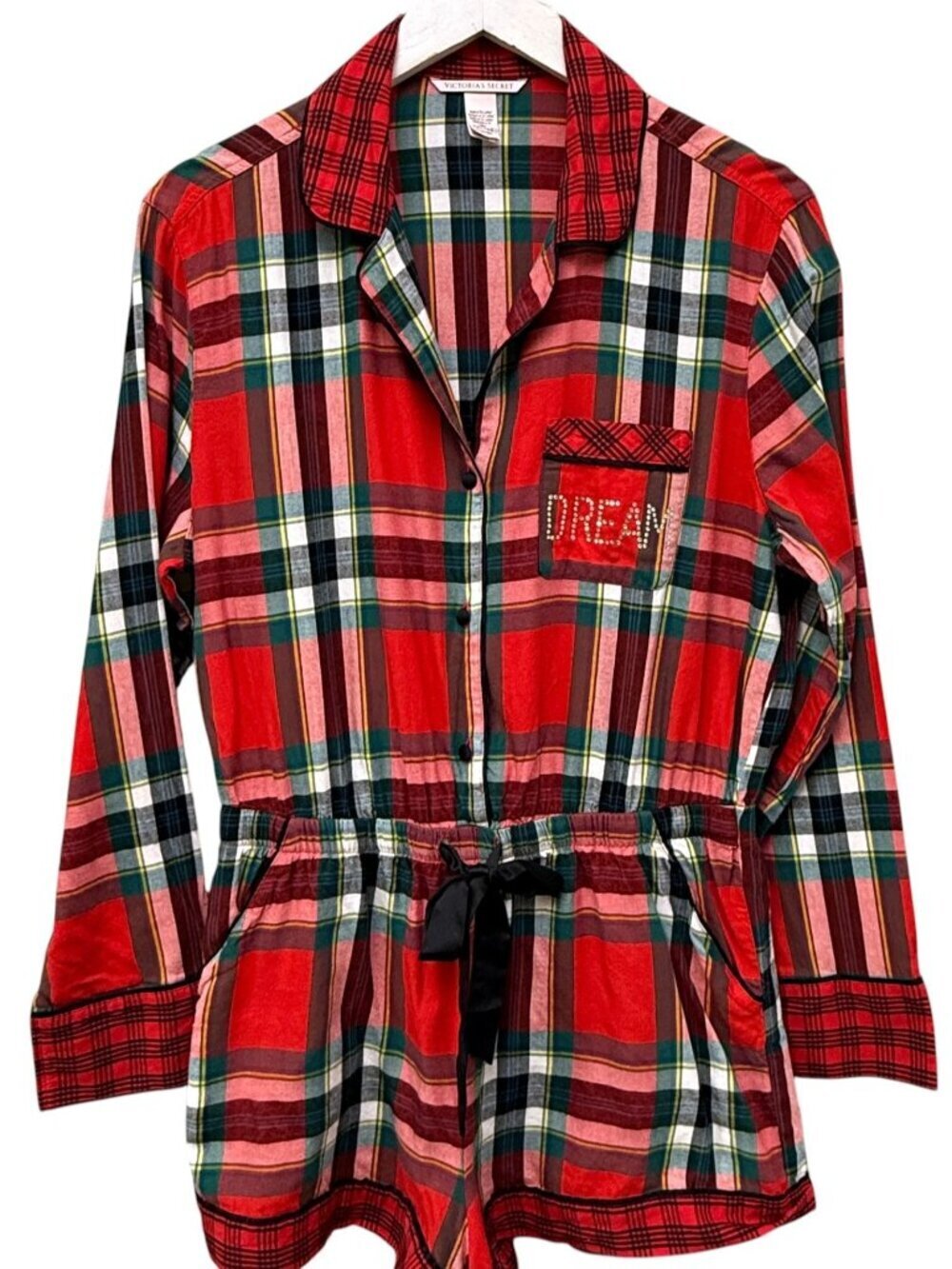 Victoria's Secret Romper Pajamas Red Plaid Flannel Dream Logo Shorts Loungewear